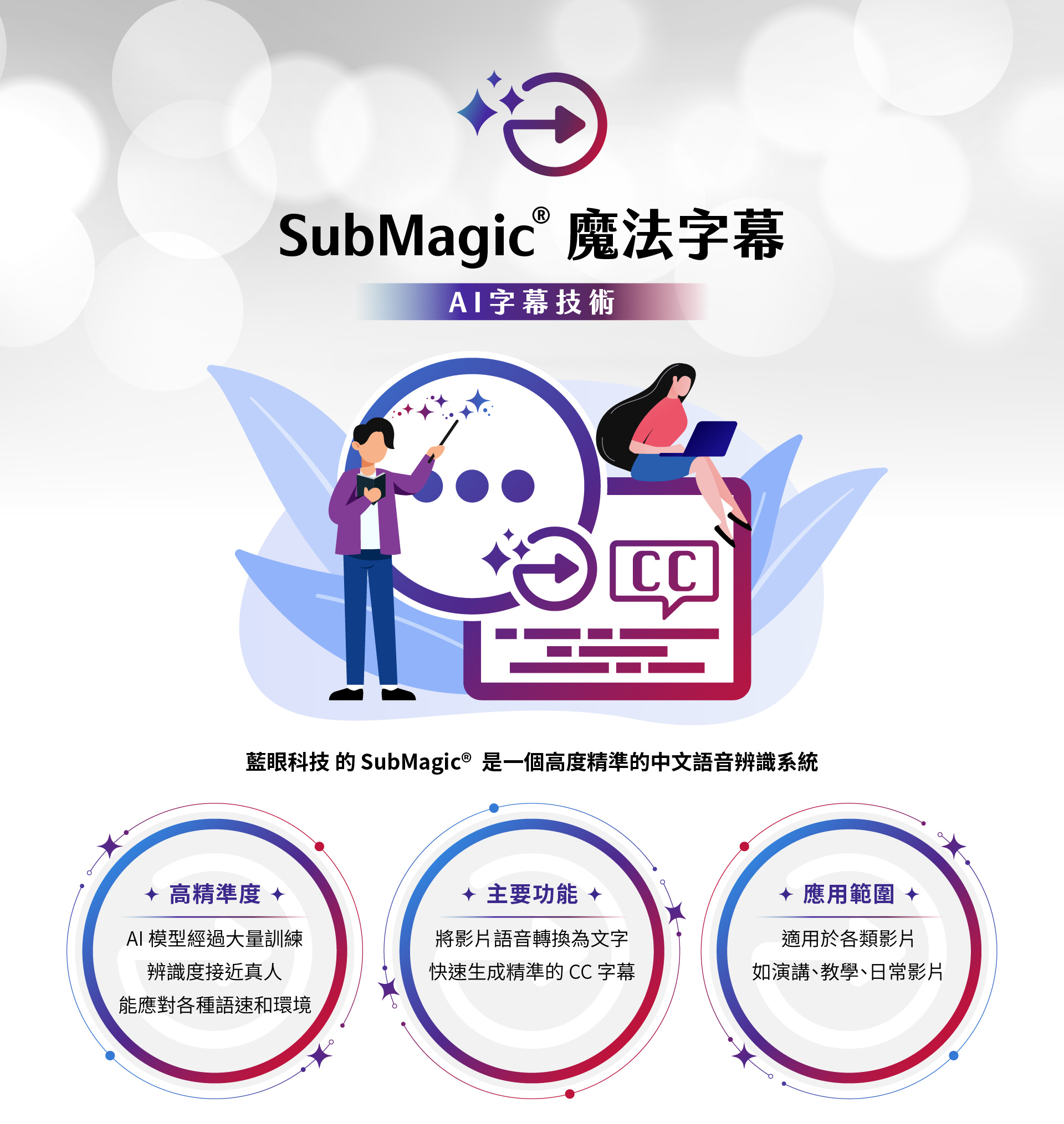 SubMagic魔法字幕,运用先进AI语音辨识技术,能快速、精准地将语音转换为字幕,无论是演讲、教学还是日常影片,都能生成高品质的CC字幕。适用于各种影片场景,提升观看体验,让语音与文本无缝结合,轻松实现跨语言的交流与学习。